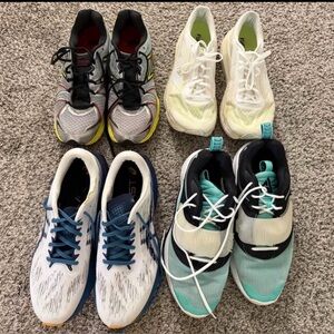 4 pair of shoes! Grey New Balance are size 12.5 and other 3 pairs are size 13